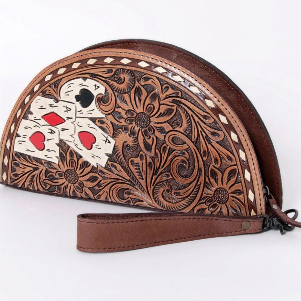 American Darling Brown Leather Clutch with Playing Card Design